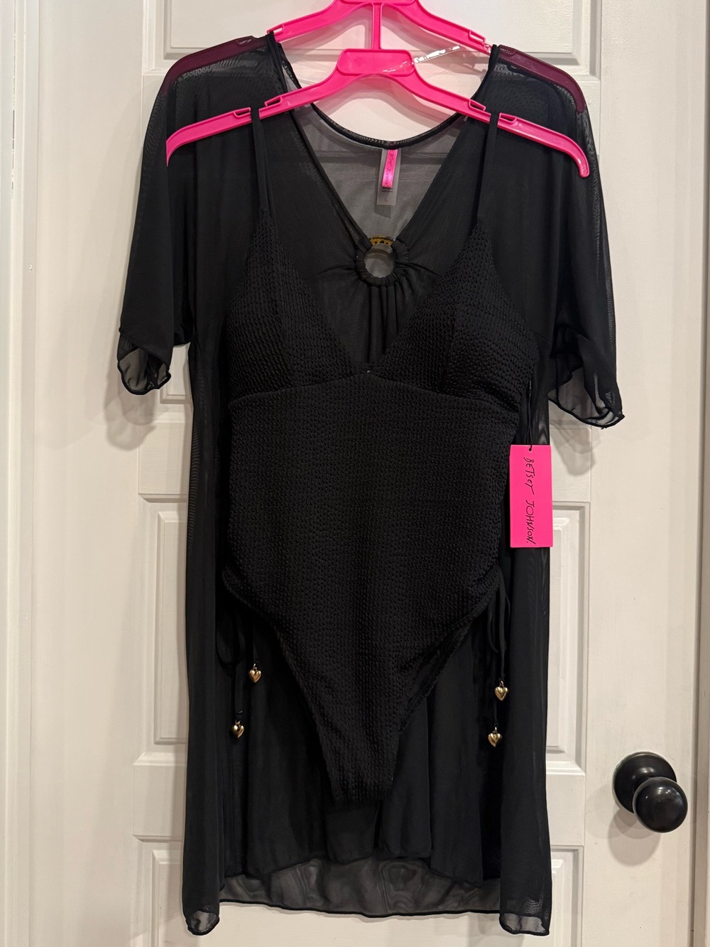 Betsey Johnson Black One Piece Swimsuit Mesh Kimono Cover Up Set L NWT